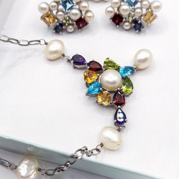 Ross-Simons Jewelry Set Gem Pearl Necklace Ring Earrings Cocktail Glam Size 6.5 - Picture 4 of 10